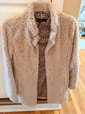Kenneth Cole Beige Teddy Jacket with Leopard Lining